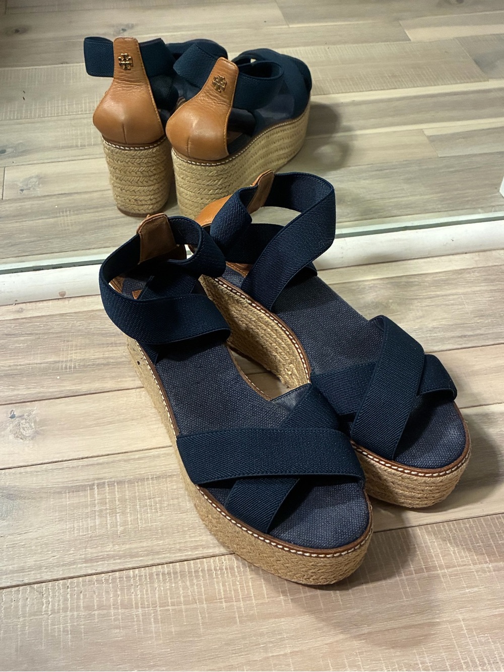 Tory Burch Women’s Navy Espadrille Platform Sandals with Tan Heel Accent